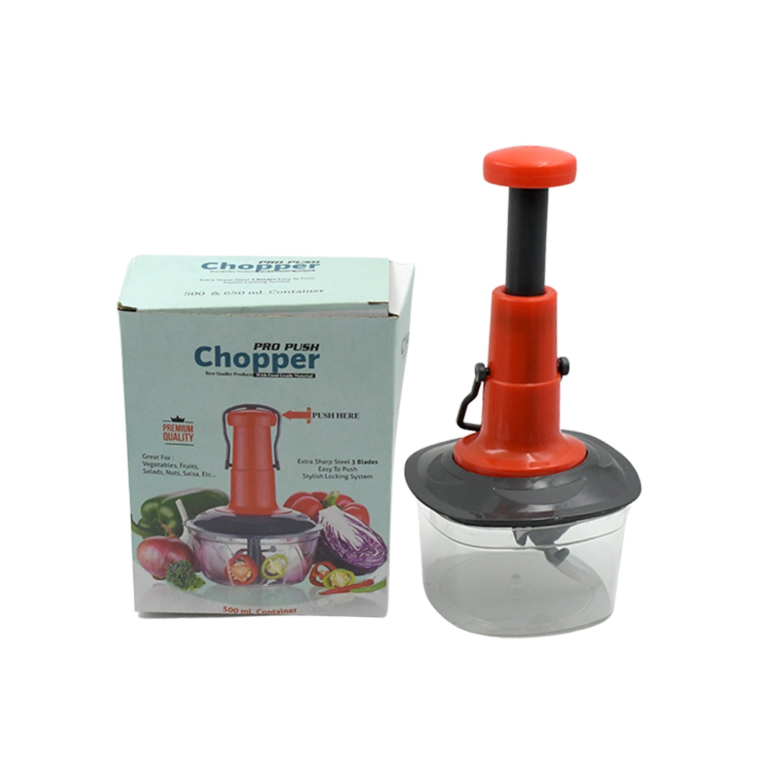 5790 Manual Press Fruit & Vegetable Chopper, with 3 Stainless Steel Blades, Anti-Slip Base, and Locking System, Cutting Chopper For Kitchen (650 ML) 5790 Manual Press Fruit & Vegetable Chopper, with 3 Stainless Steel Blades, Anti-Slip Base, and Locking System, Cutting Chopper For Kitchen (650 ML)